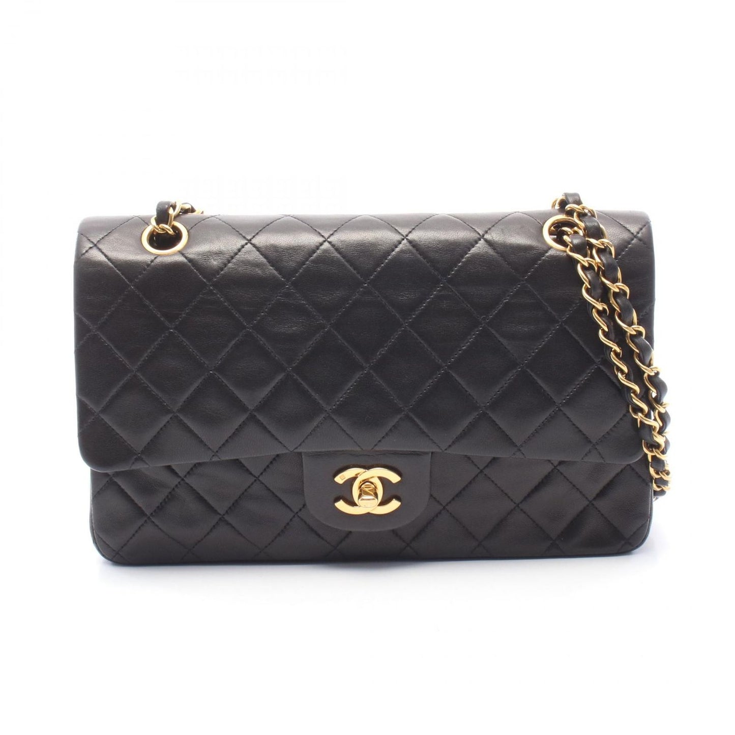 Chanel Shoulder Bag Quilted Double Flap Black Lambskin Chain