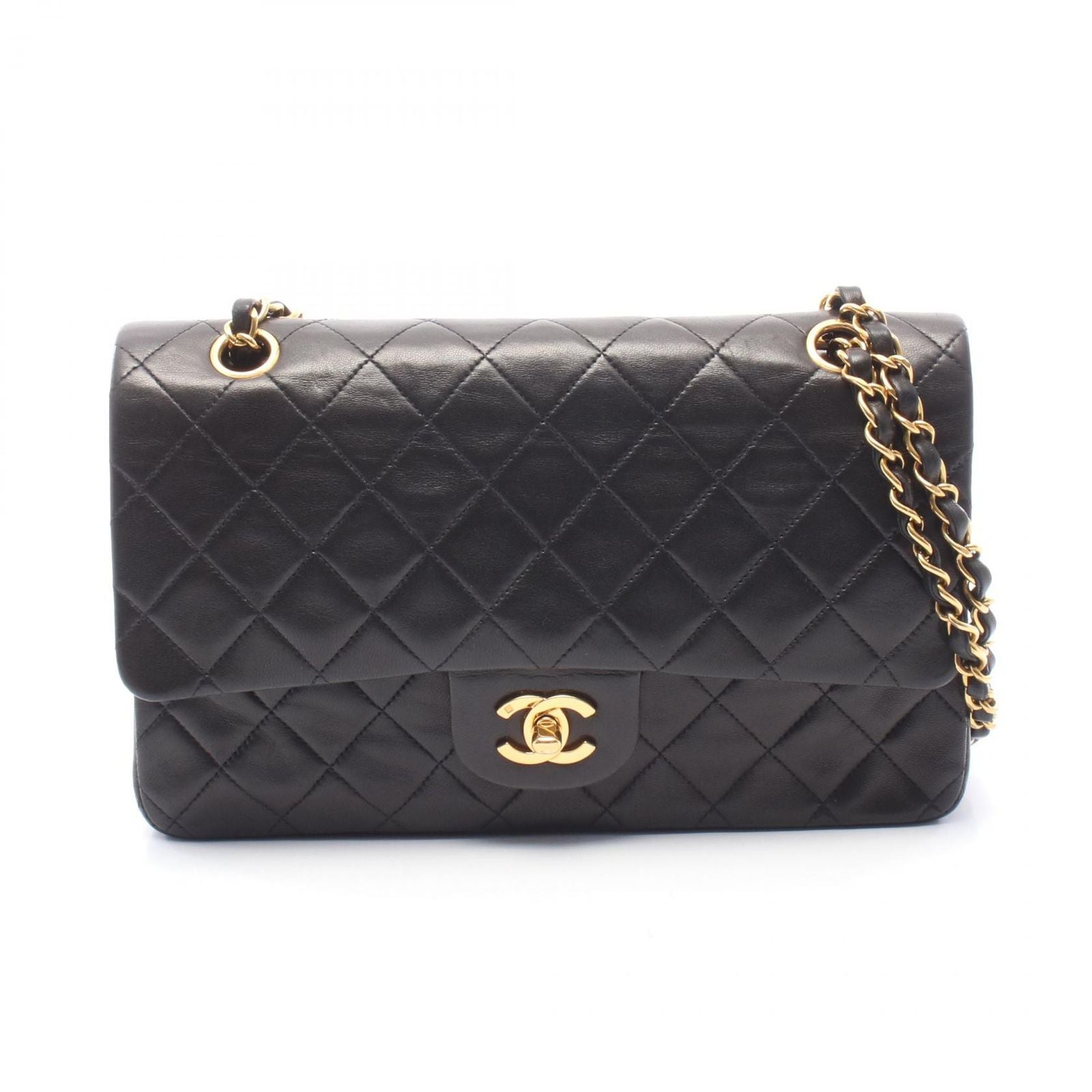 Chanel Shoulder Bag Quilted Double Flap Black Lambskin Chain