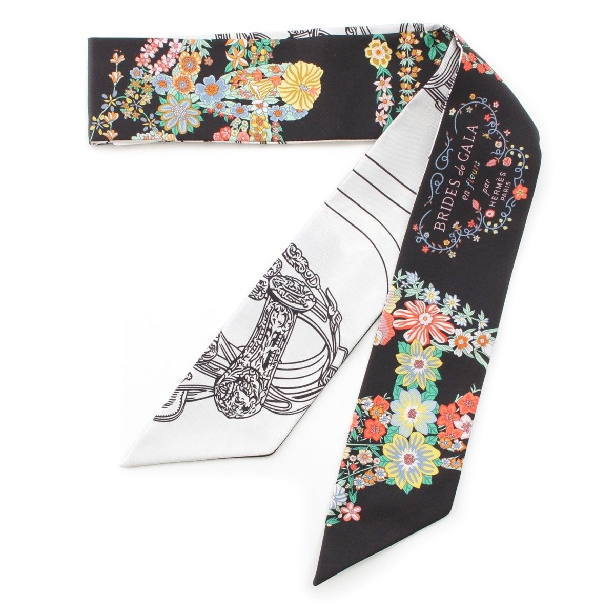Hermes Silk Twilly Brides de Gala en Fleurs Scarf Black White Multicolor