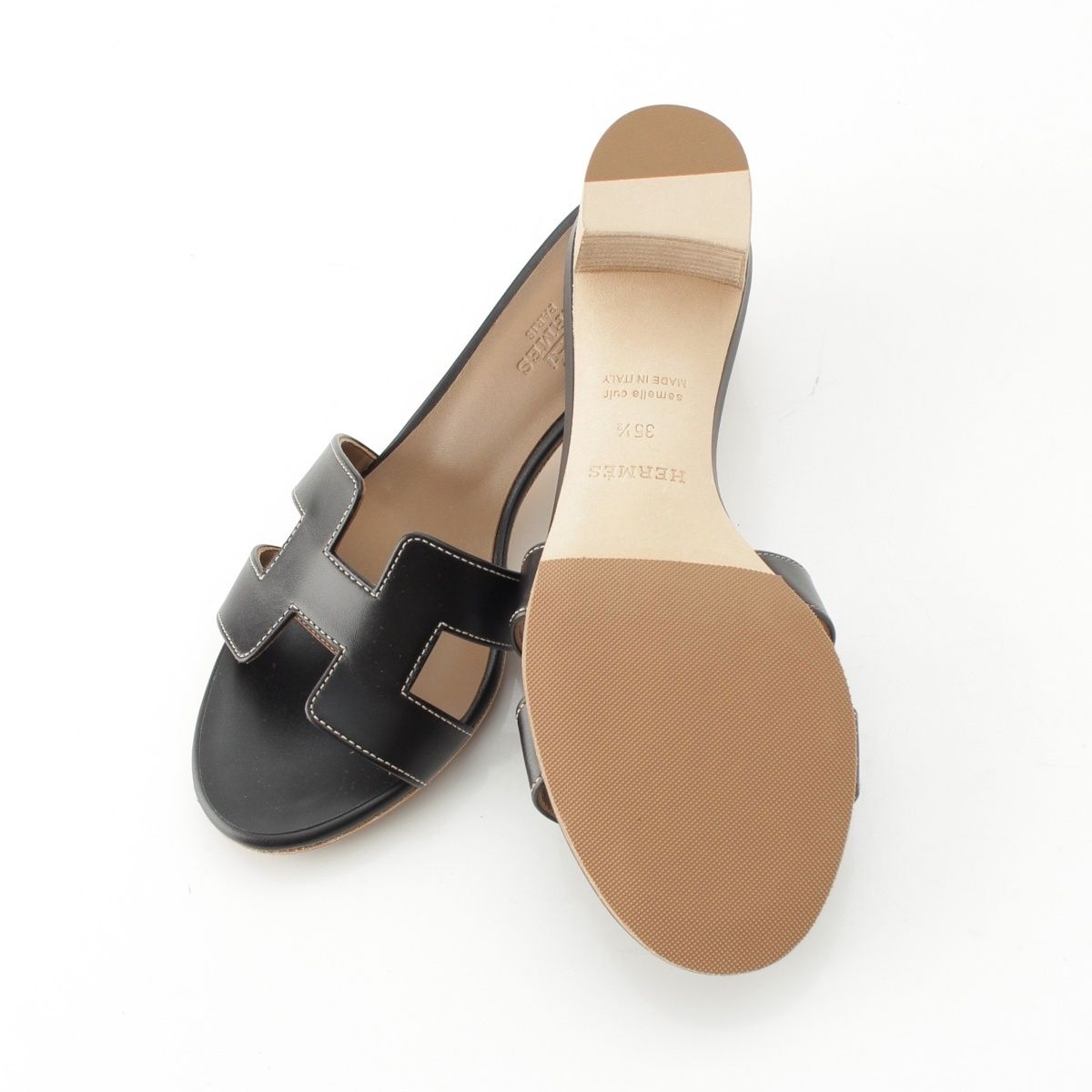 Hermes Leather Oasis Motif Sandals MS Black — view 5