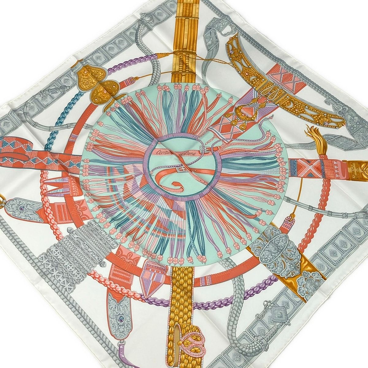 Hermes Scarf Carre 90 White Light Green Multi Ceintures Et Liens