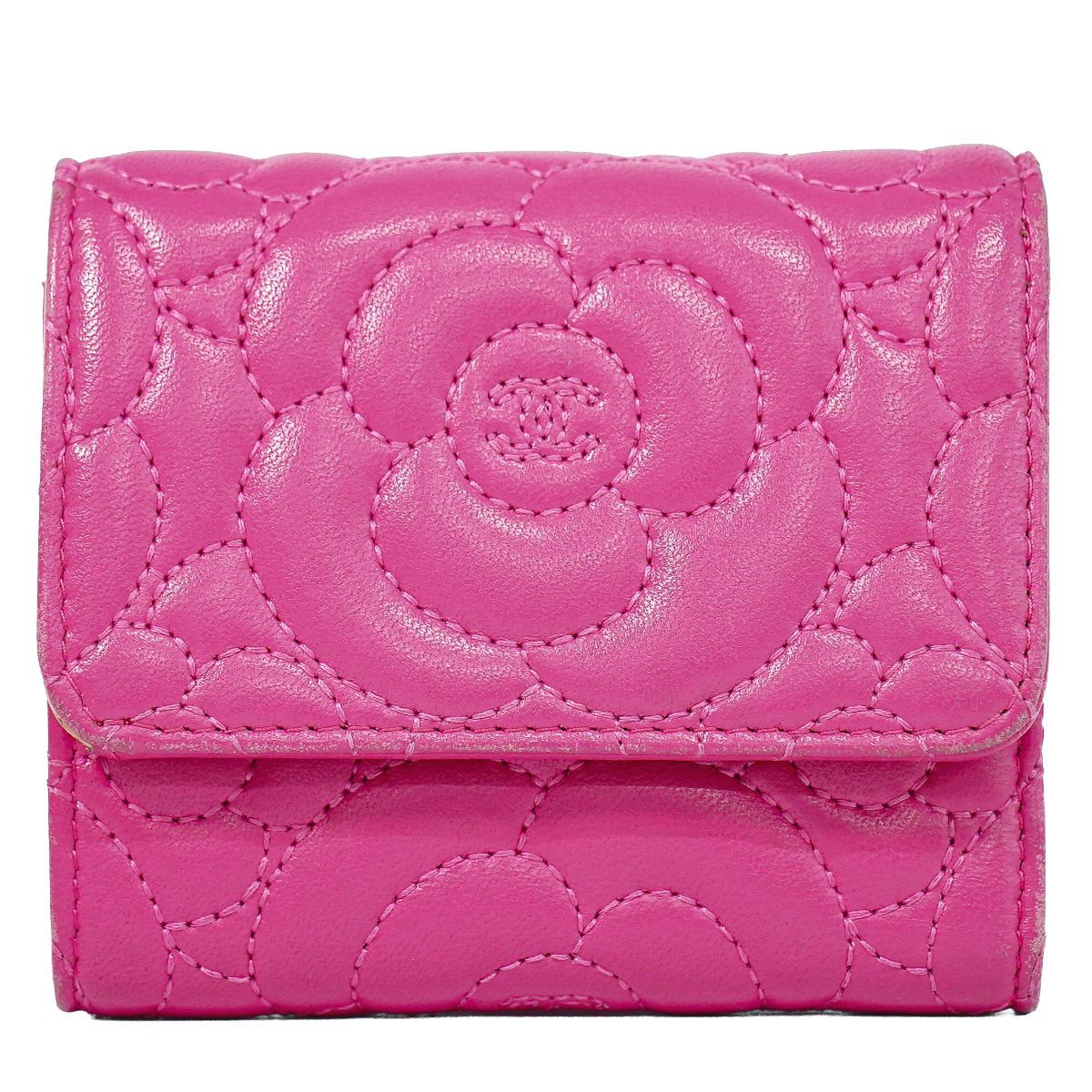 Chanel Camellia CC Logo Trifold Wallet Compact Leather Pink