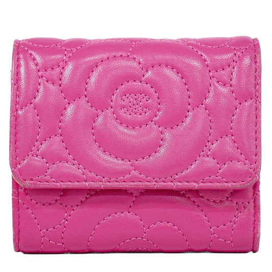 Chanel Camellia CC Logo Trifold Wallet Compact Leather Pink