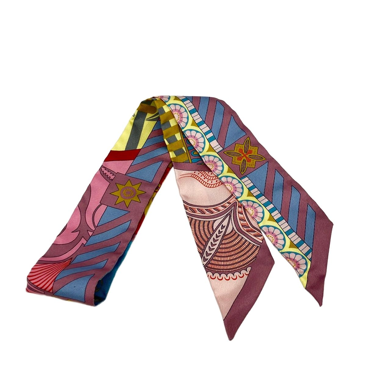 Hermes Scarf Twilight Light Blue Pink Yellow Ribbon Geometrie Cretoise Cles