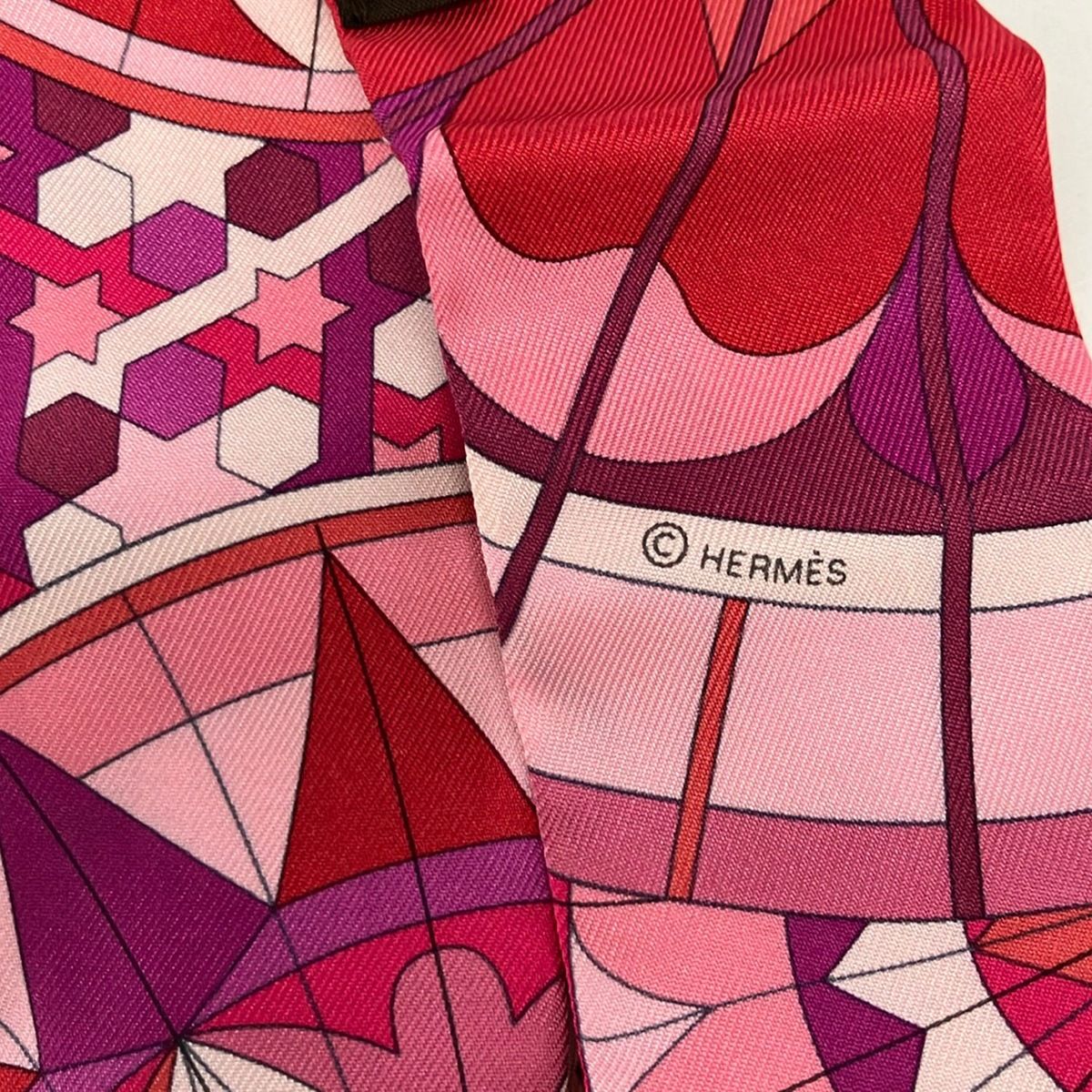 Hermes Scarf Twill Pink Red Purple Ribbon Rose de Comaps Compass 2015.02 Silk — view 2