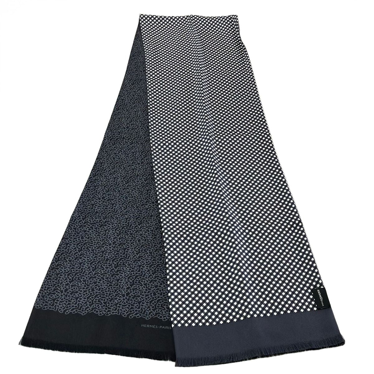 Hermes Scarf Dark Navy White Dark Gray Plaid Chaine D'ancre Chain Reversible