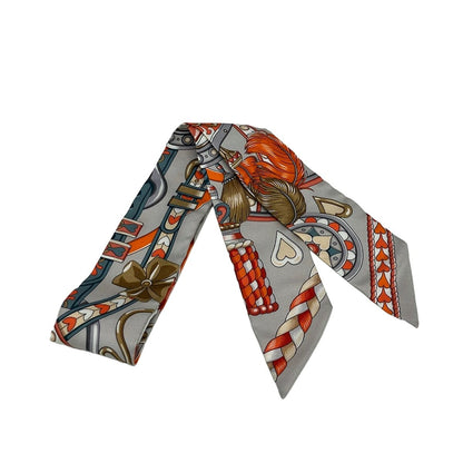 Hermes Scarf Twill Light Gray Orange Multi Ribbon Harnais de Coeur