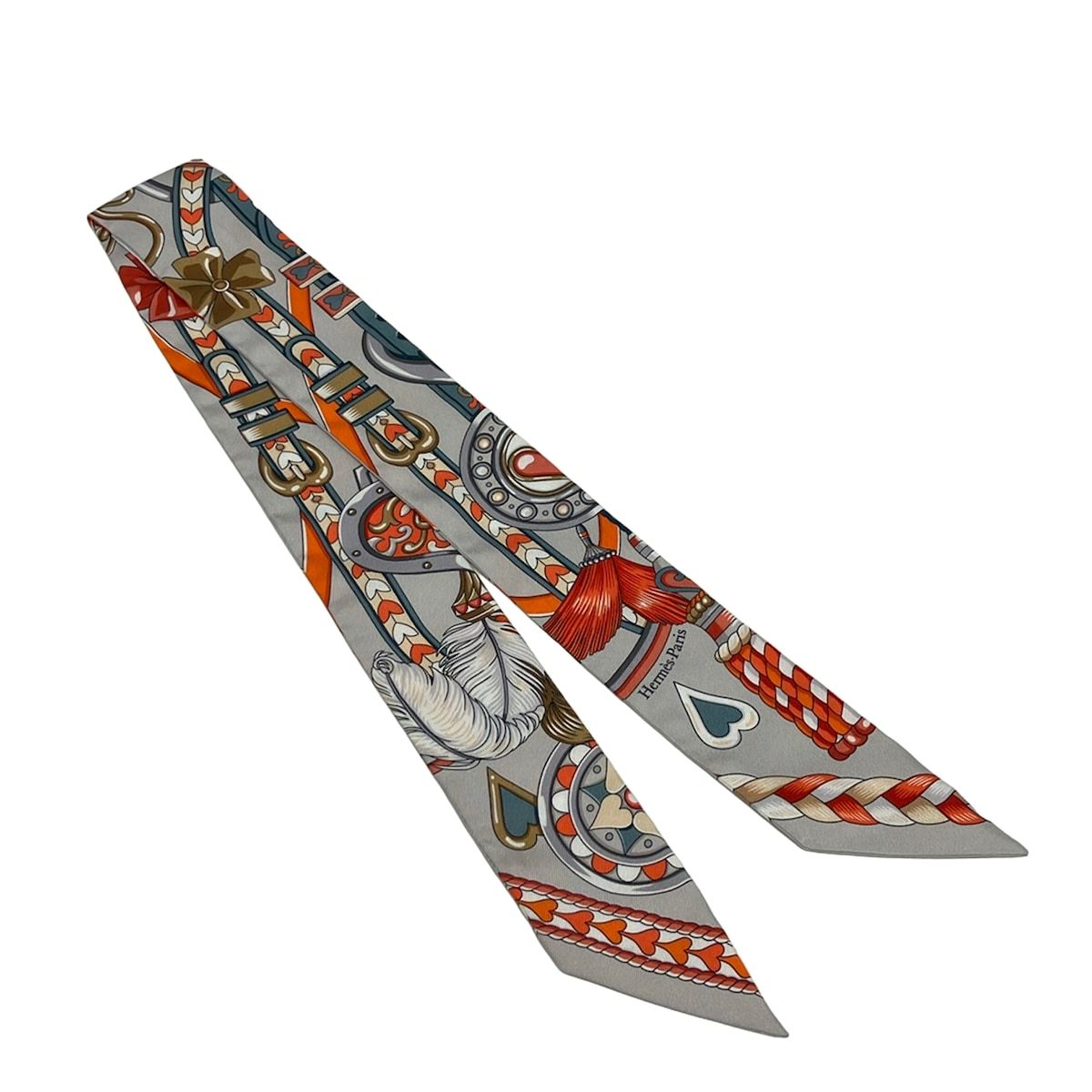 Hermes Scarf Twill Light Gray Orange Multi Ribbon Harnais de Coeur — view 4