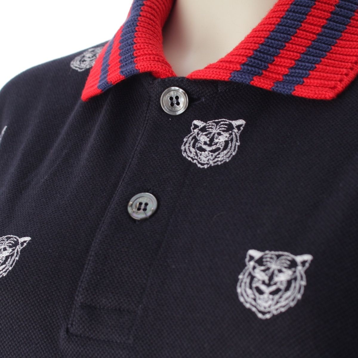 Gucci Cotton Tiger Pattern Short Sleeve Polo Shirt Navy — view 7