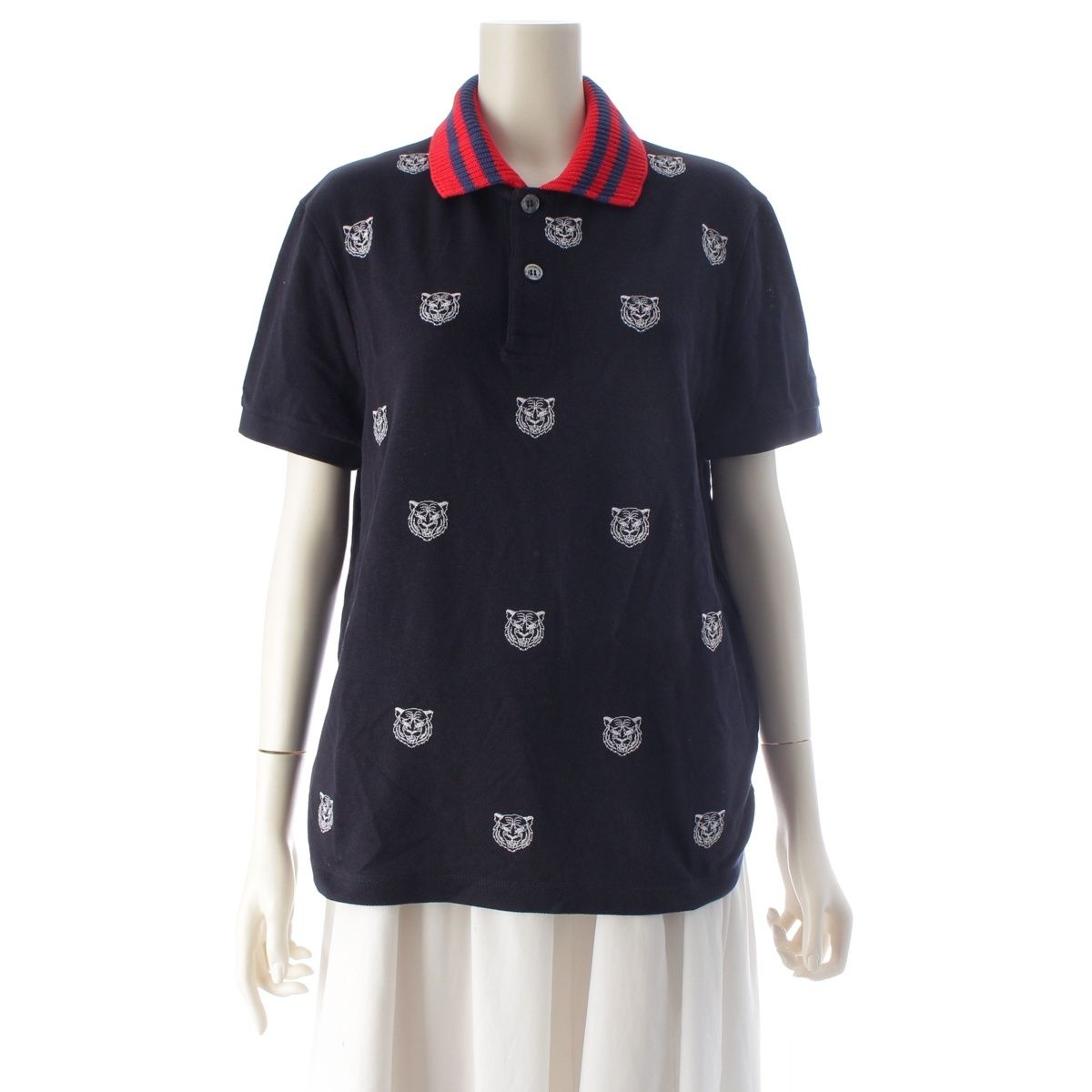 Gucci Cotton Tiger Pattern Short Sleeve Polo Shirt Navy