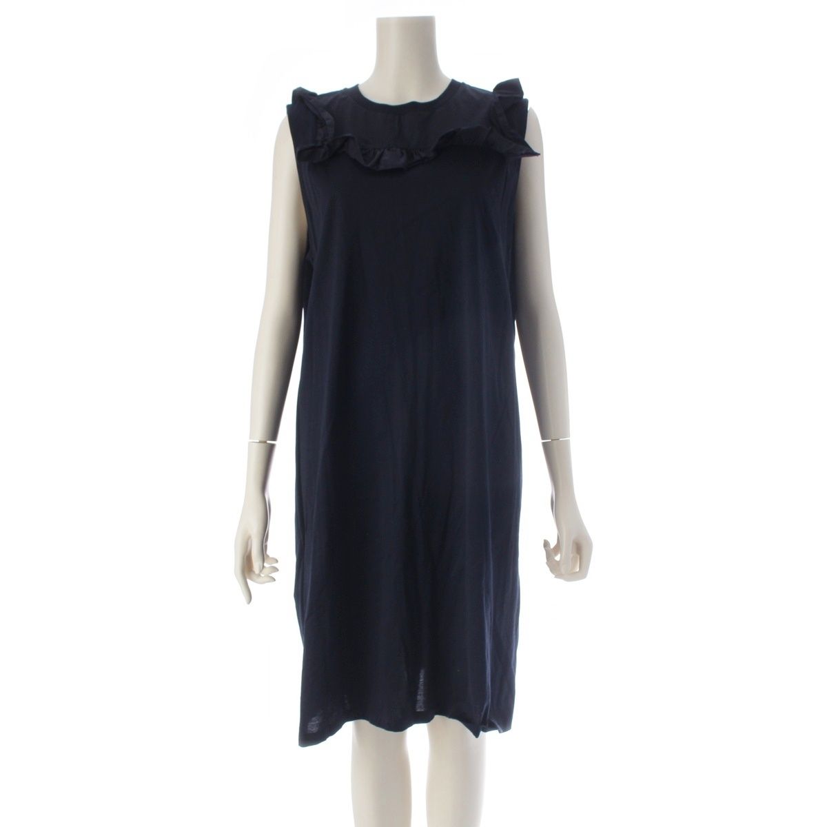 Prada Cotton Ruffle Ribbon Sleeveless Dress Navy XL