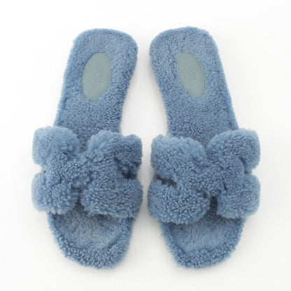 Hermes Fleece Oran Motif Sandals Blue — view 2