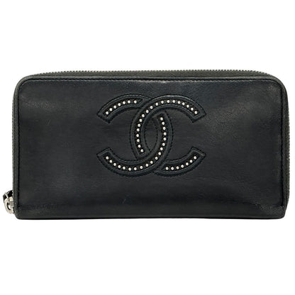Chanel Wallet CC Logo Lambskin Black Silver Zip Around Studs