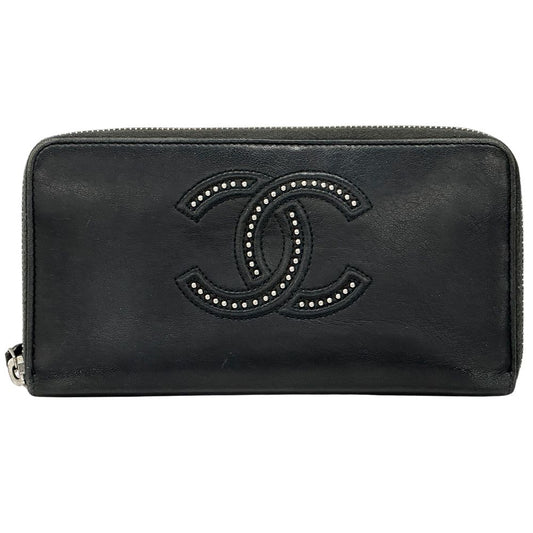 Chanel Wallet CC Logo Lambskin Black Silver Zip Around Studs