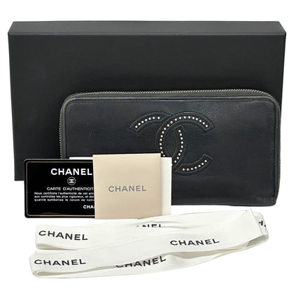 Chanel Wallet CC Logo Lambskin Black Silver Zip Around Studs — view 9