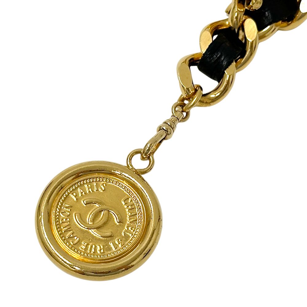 Chanel Belt Cambon Leather Chain Gold Black Logo Plate CC Thick — view 3