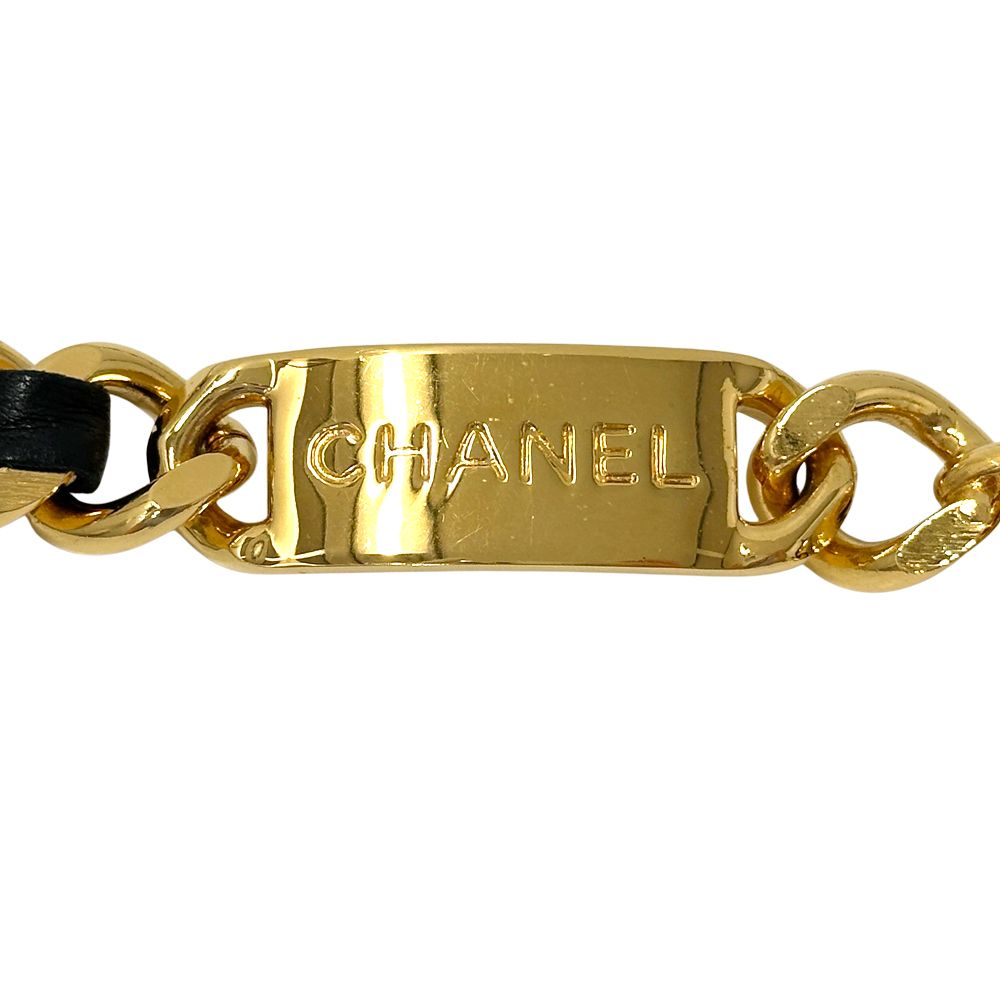 Chanel Belt Cambon Leather Chain Gold Black Logo Plate CC Thick — view 2
