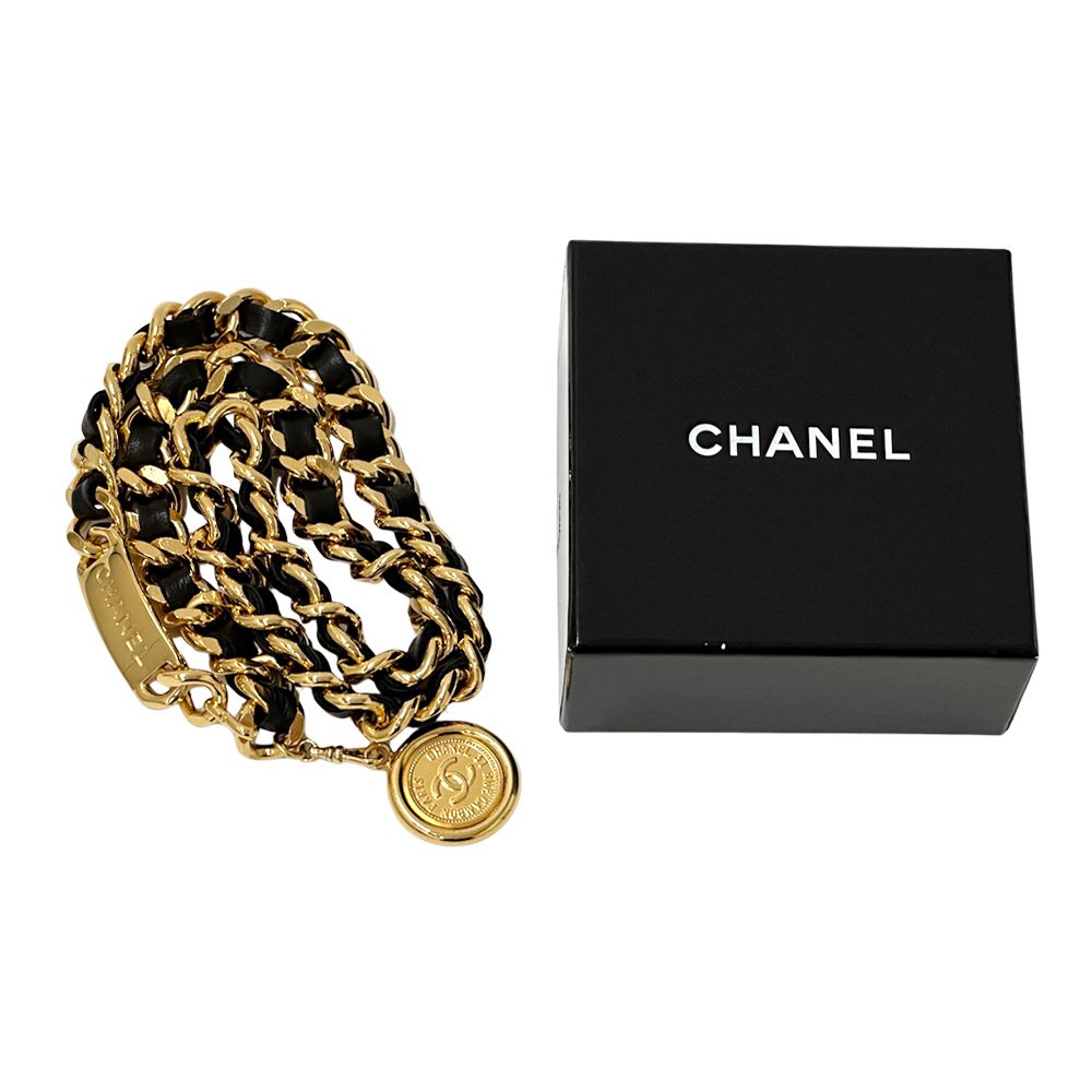 Chanel Belt Cambon Leather Chain Gold Black Logo Plate CC Thick — view 5