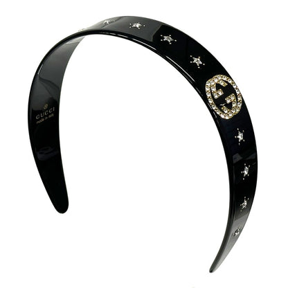 Gucci Headband Crystal Interlocking Plastic Rhinestone Black Going Out Gorgeous