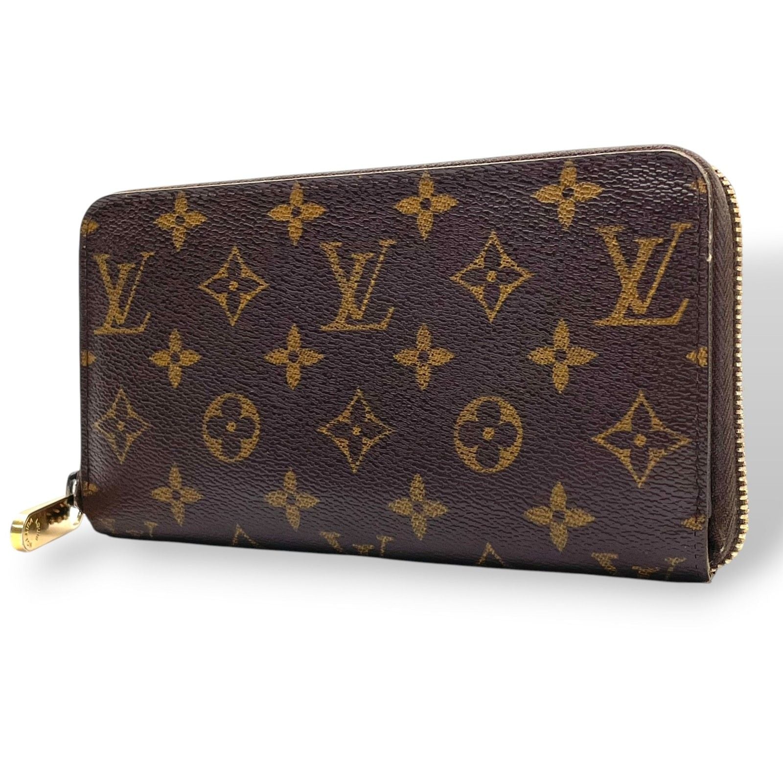 Louis Vuitton Monogram Zippy Wallet Zip Around Leather Brown Gold Great