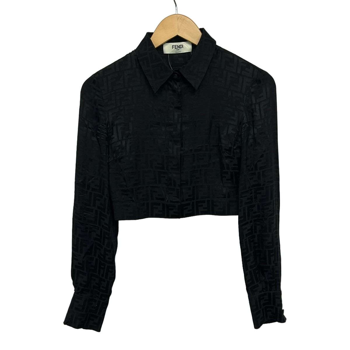 Fendi Long Sleeve Shirt Blouse 36 S Black Silk Zucca Pattern Short Length