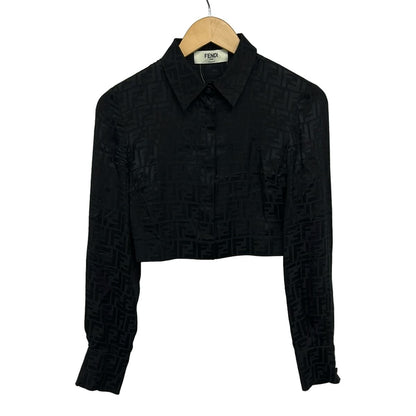 Fendi Long Sleeve Shirt Blouse 36 S Black Silk Zucca Pattern Short Length