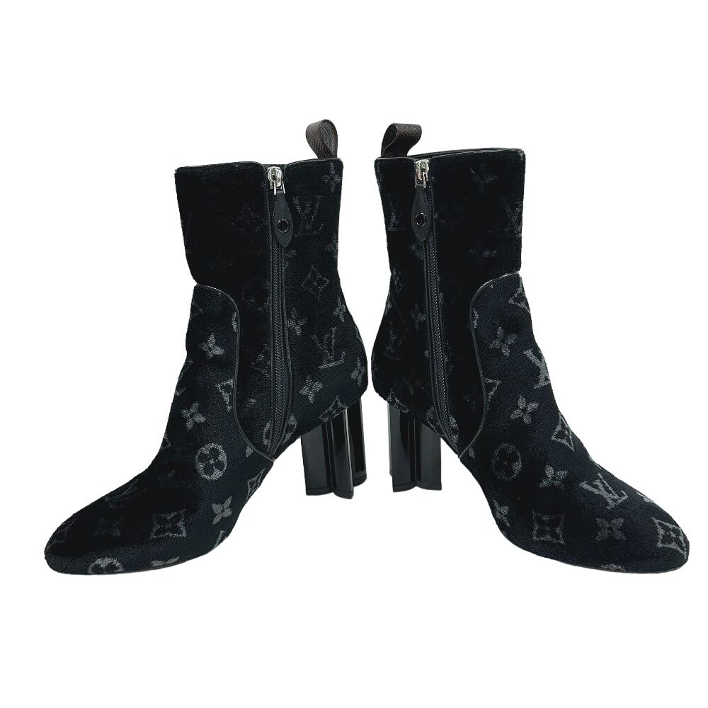Louis Vuitton Silhouette Line Short Boots Side Gore Monogram Velvet Black — view 7