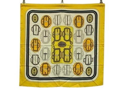 Hermes Shawl Carre 90 Yellow Multicolor Silk 100% Bouclerie Moderne Scarf