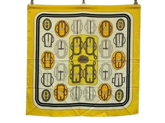Hermes Shawl Carre 90 Yellow Multicolor Silk 100% Bouclerie Moderne Scarf