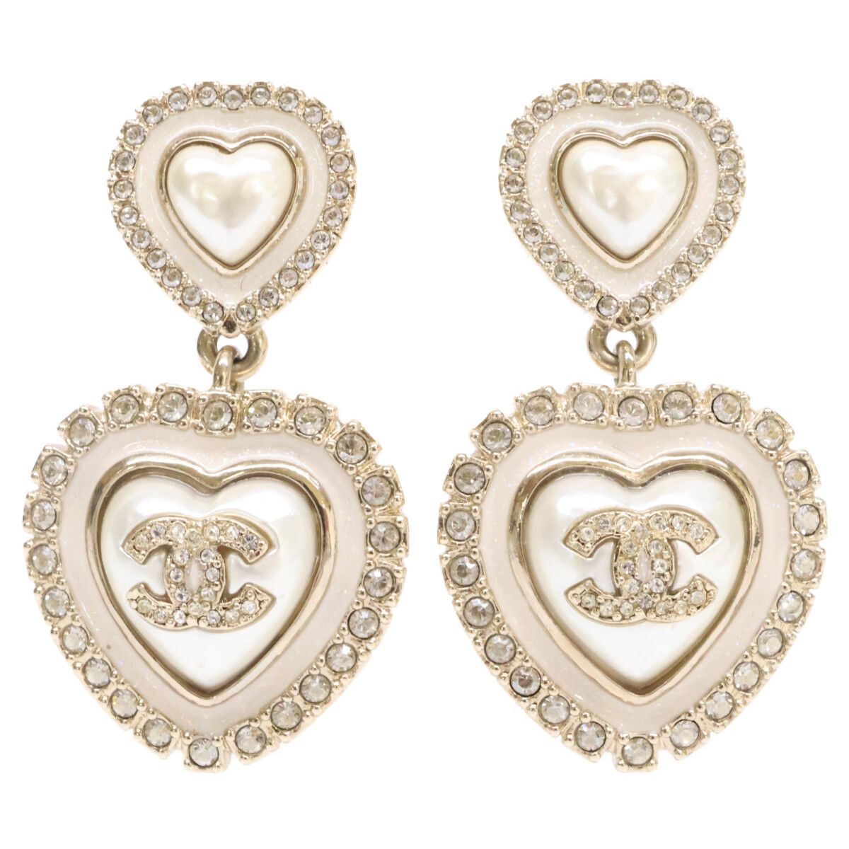 Chanel Rhinestone CC Logo Double Pearl Earring