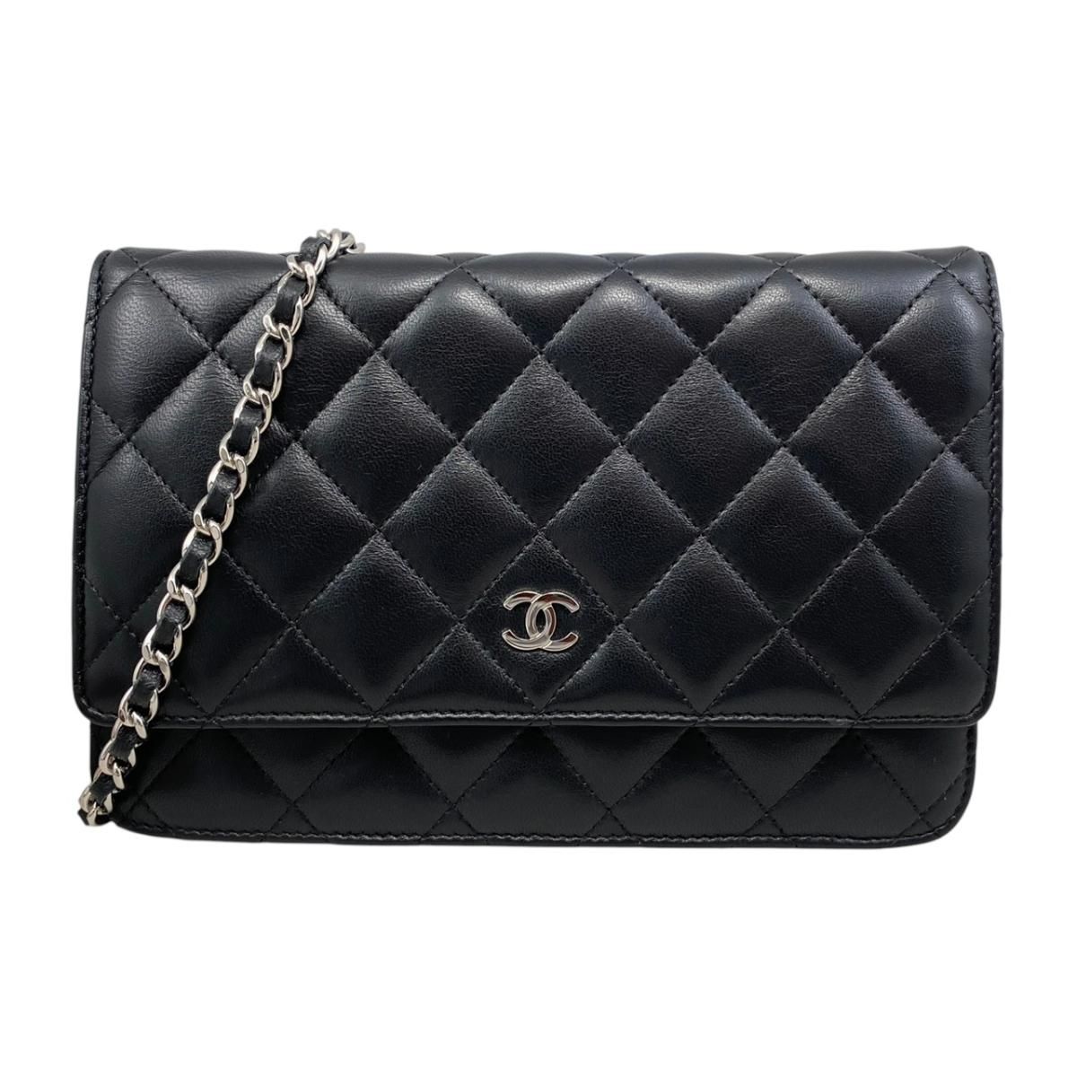 Chanel Shoulder Bag Chain Wallet Quilted Lambskin CC Logo Black Silver