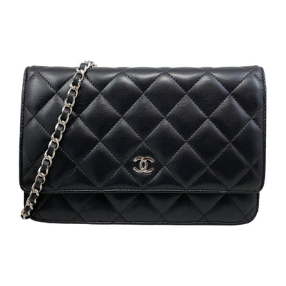 Chanel Shoulder Bag Chain Wallet Quilted Lambskin CC Logo Black Silver
