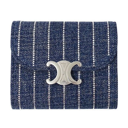 Celine Wallet Triomphe Trifold Denim Small Flap Blue Rhinestone Stripe Mini