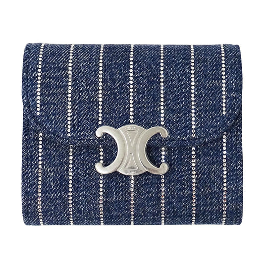 Celine Wallet Triomphe Trifold Denim Small Flap Blue Rhinestone Stripe Mini