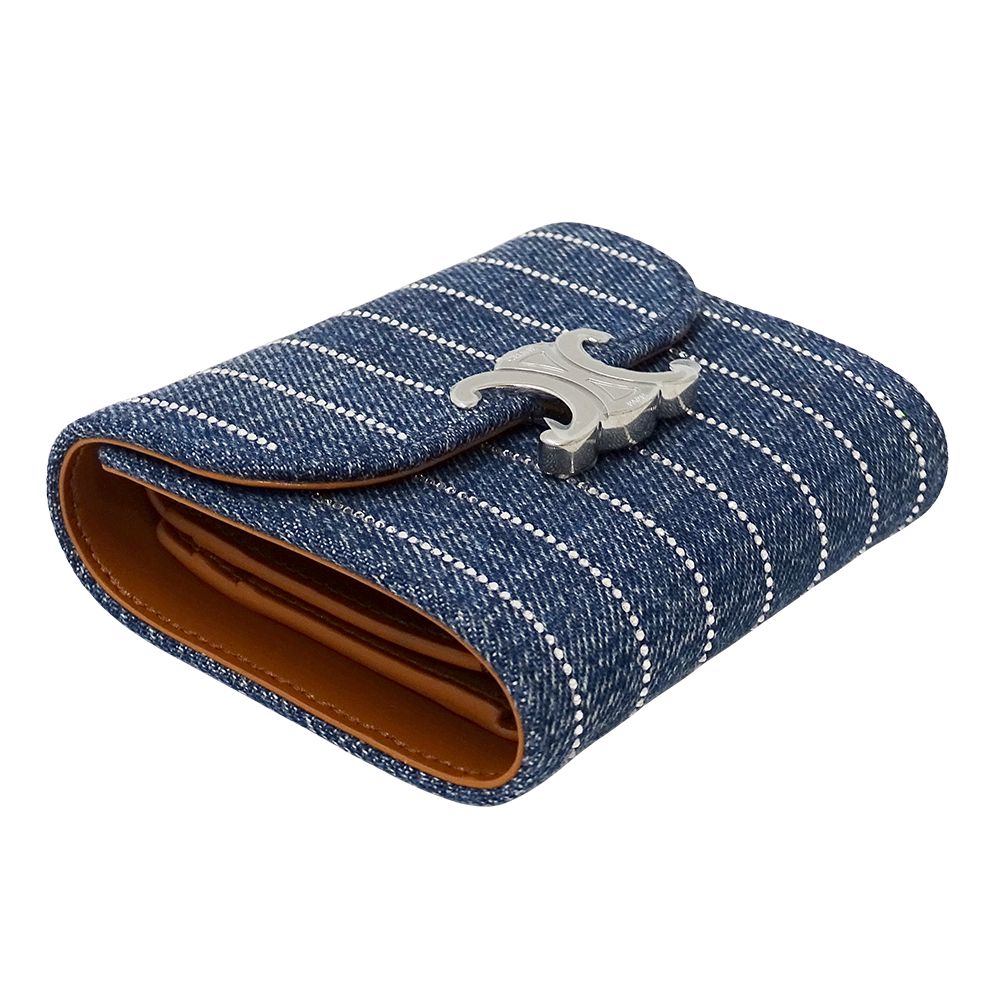 Celine Wallet Triomphe Trifold Denim Small Flap Blue Rhinestone Stripe Mini — view 3