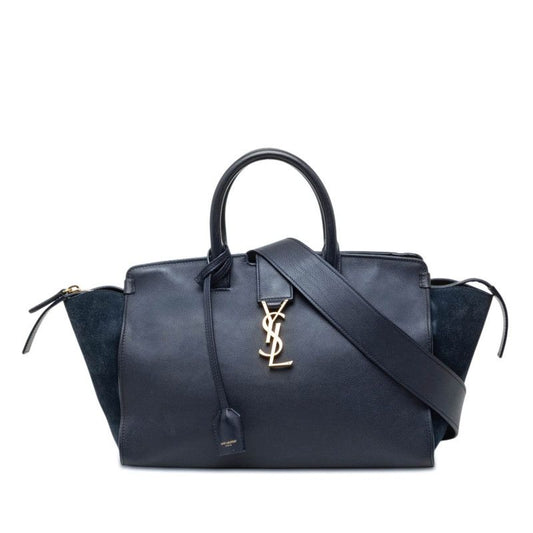 Saint Laurent YSL Logo Downtown Cabas 2-Way Shoulder Bag Navy Leather Suede