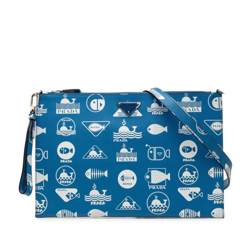 Prada Brick Marine Taste Fish Clutch Shoulder Bag Blue White Saffiano Leather