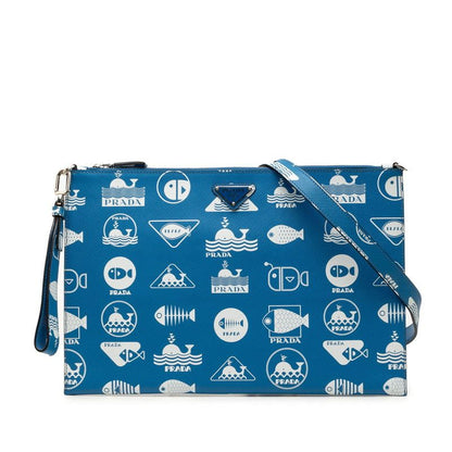 Prada Brick Marine Taste Fish Clutch Shoulder Bag Blue White Saffiano Leather