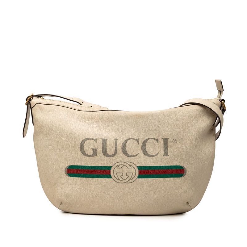 Gucci Logo Print Shoulder Bag Beige Leather