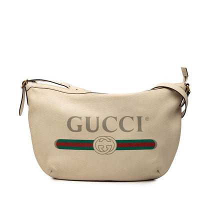 Gucci Logo Print Shoulder Bag Beige Leather