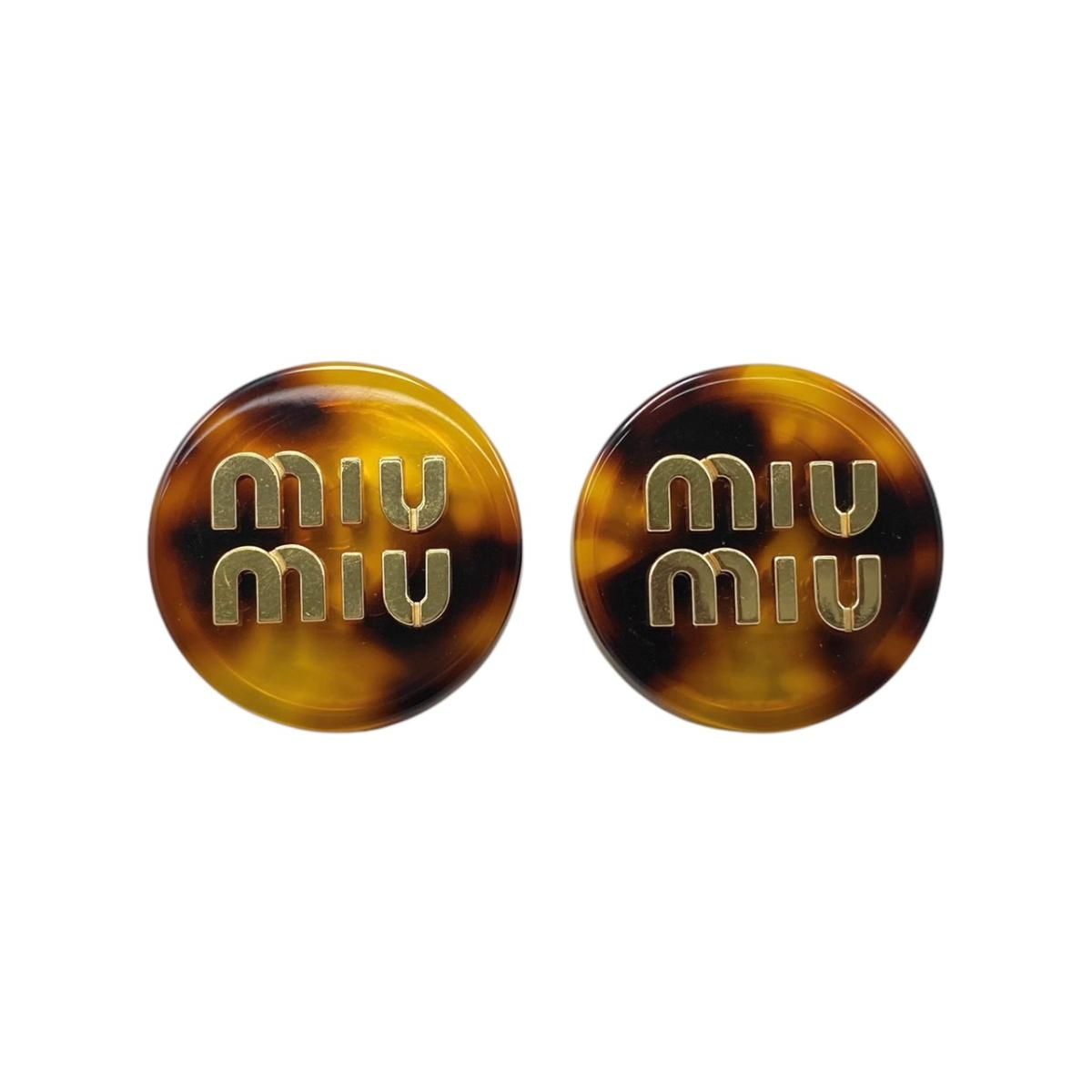 Miu Miu Miu Earrings Logo Tortoiseshell Brown Gold