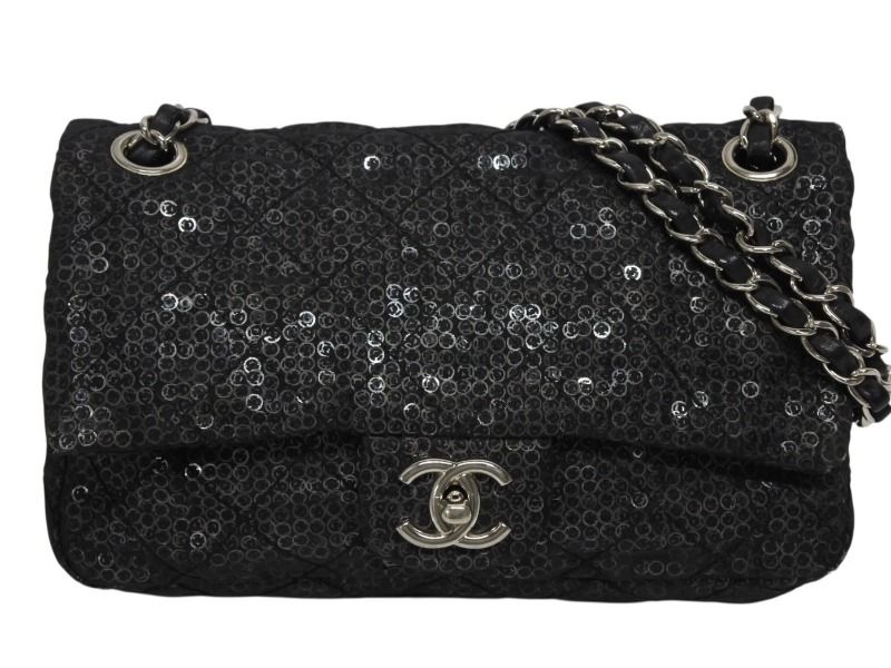 Chanel Quilted 23 S Flap Chain Shoulder Bag CC Logo Sequins Silver