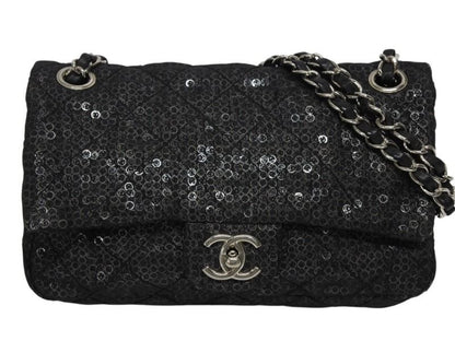 Chanel Quilted 23 S Flap Chain Shoulder Bag CC Logo Sequins Silver