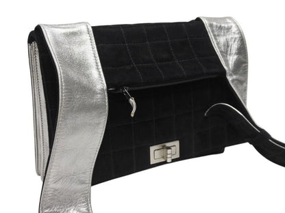 Chanel Shoulder Bag Choco Bar Turnlock Black Silver Suede — view 4