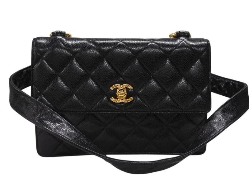 Chanel Bag Caviar Leather CC Logo Black Vintage Gold
