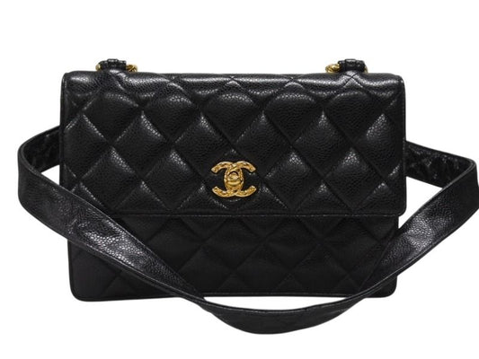 Chanel Bag Caviar Leather CC Logo Black Vintage Gold