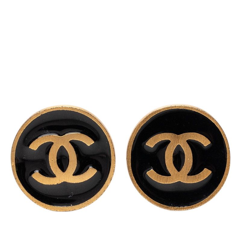 Chanel CC Logo Earrings Gold Black Plated Enamel