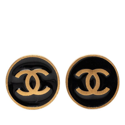 Chanel CC Logo Earrings Gold Black Plated Enamel