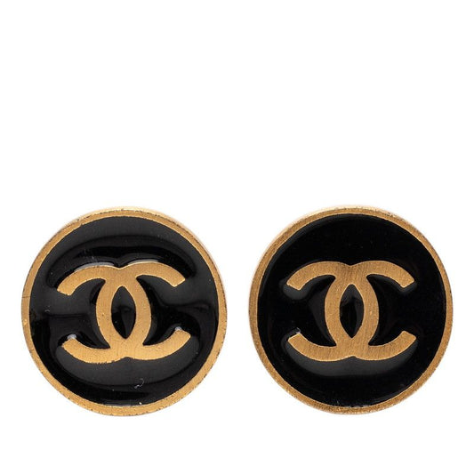 Chanel CC Logo Earrings Gold Black Plated Enamel