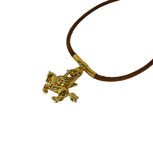 Hermes Choker Kite Leather Brown Gold Pegasus Motif Necklace